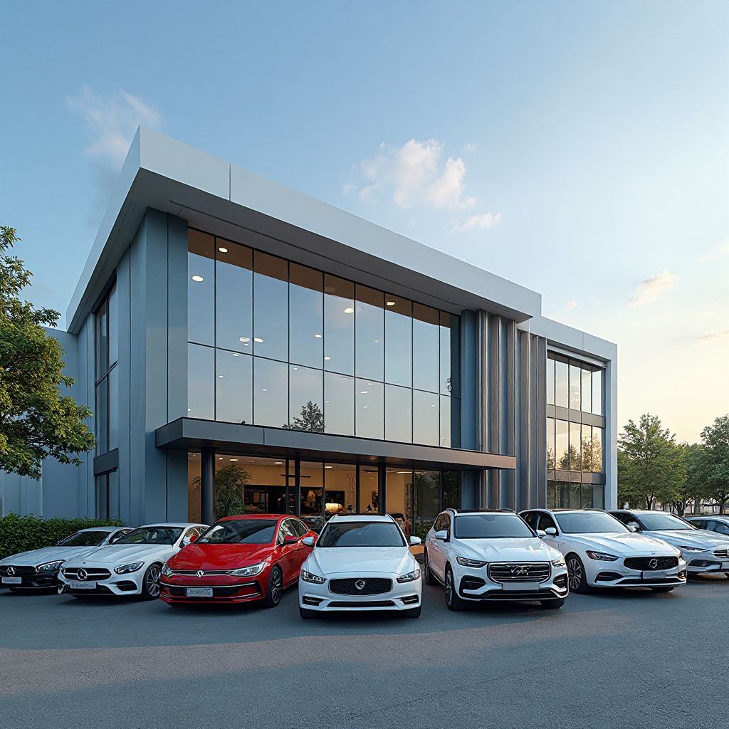 Easy Car Rentals headquarters building with fleet of premium vehicles